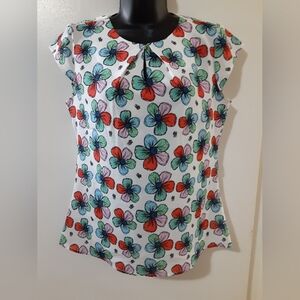 Joliesse Floral Top Size 8 Bright Print Blouse Cap Sleeve Keyhole Lightweight